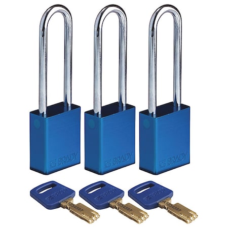 Brady ALU-BLU-76ST-KA3PK - Lockout Padlock, Keyed Alike, Aluminum, Blue, 3 in Shackle Height, 1 1/2 in Body Width, 3 PK
