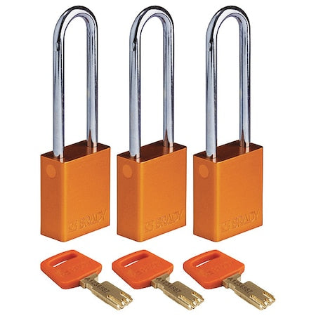 Brady ALU-ORG-76ST-KA3PK - Lockout Padlock, Keyed Alike, Aluminum, Orange, 3 in Shackle Height, 1 1/2 in Body Width, 3 PK