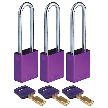 Brady ALU-PRP-76ST-KA3PK - Lockout Padlock, Keyed Alike, Aluminum, Purple, 3 in Shackle Height, 1 1/2 in Body Width, 3 PK