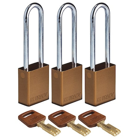 Brady ALU-BRN-76ST-KA3PK - Lockout Padlock, Keyed Alike, Aluminum, Brown, 3 in Shackle Height, 1 1/2 in Body Width, 3 PK