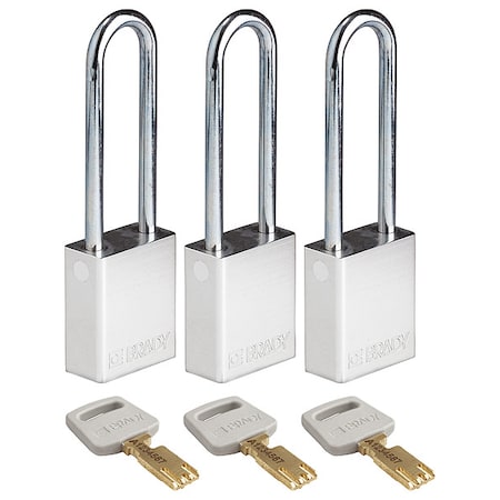 Brady ALU-SLV-76ST-KA3PK - Lockout Padlock, Keyed Alike, Aluminum, Silver, 3 in Shackle Height, 1 1/2 in Body Width, 3 PK