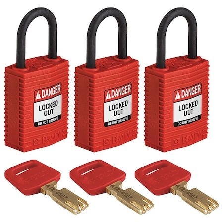 Brady CPT-RED-25PL-KA3PK - Lockout Padlock, Keyed Alike, Nylon, Red, 1 in Shackle Height, 1 1/4 in Body Width, 3 No. of Keys