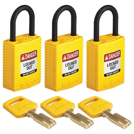 Brady CPT-YLW-25PL-KA3PK - Lockout Padlock, Keyed Alike, Nylon, Yellow, 1 in Shackle Height, 1 1/4 in Body Width, 3 PK
