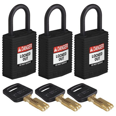 Brady CPT-BLK-25PL-KA3PK - Lockout Padlock, Keyed Alike, Nylon, Black, 1 in Shackle Height, 1 1/4 in Body Width, 3 No. of Keys