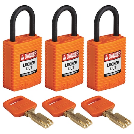 Brady CPT-ORG-25PL-KA3PK - Lockout Padlock, Keyed Alike, Nylon, Orange, 1 in Shackle Height, 1 1/4 in Body Width, 3 PK
