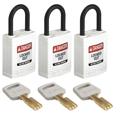 Brady CPT-WHT-25PL-KA3PK - Lockout Padlock, Keyed Alike, Nylon, White, 1 in Shackle Height, 1 1/4 in Body Width, 3 No. of Keys
