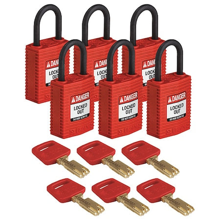 Brady CPT-RED-25PL-KA6PK - Lockout Padlock, Keyed Alike, Nylon, Red, 1 in Shackle Height, 1 1/4 in Body Width, 6 No. of Keys