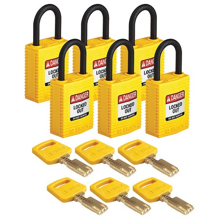 Brady CPT-YLW-25PL-KD6PK - Lockout Padlock, Keyed Different, Nylon, Yellow, 1 in Shackle Height, 1 1/4 in Body Width, 6 PK