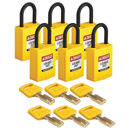 Brady CPT-YLW-25PL-KA6PK - Lockout Padlock, Keyed Alike, Nylon, Yellow, 1 in Shackle Height, 1 1/4 in Body Width, 6 PK