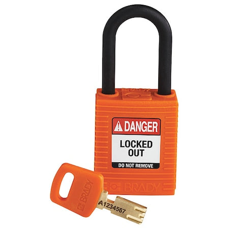 Brady NYL-ORG-38PL-KD - Lockout Padlock, Keyed Different, Nylon, Orange, 1 1/2 in Shackle Height, 1 1/2 in Body Width