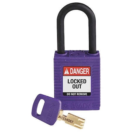 Brady NYL-PRP-38PL-KD - Lockout Padlock, Keyed Different, Nylon, Purple, 1 1/2 in Shackle Height, 1 1/2 in Body Width
