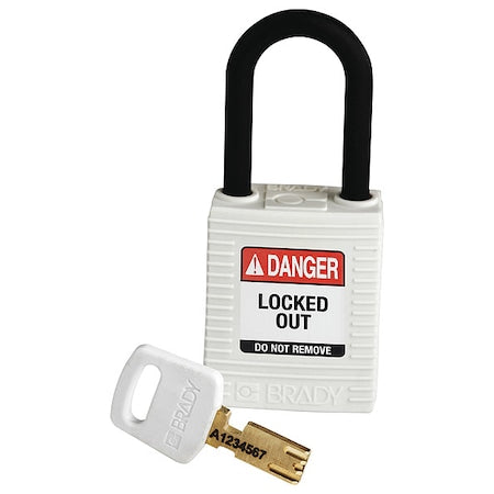 Brady NYL-WHT-38PL-KD - Lockout Padlock, Keyed Different, Nylon, White, 1 1/2 in Shackle Height, 1 1/2 in Body Width