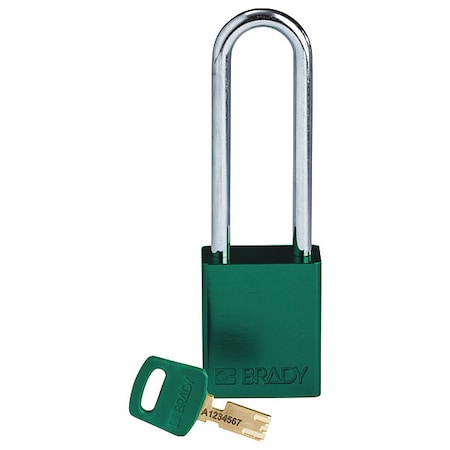 Brady ALU-GRN-76ST-KD - Lockout Padlock, Keyed Different, Aluminum, Green, 3 in Shackle Height, 1 1/2 in Body Width
