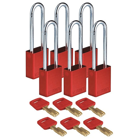 Brady ALU-RED-76ST-KD6PK - Lockout Padlock, Keyed Different, Aluminum, Red, 3 in Shackle Height, 1 1/2 in Body Width, 6 PK