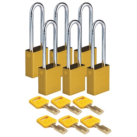 Brady ALU-YLW-76ST-KA6PK - Lockout Padlock, Keyed Alike, Aluminum, Yellow, 3 in Shackle Height, 1 1/2 in Body Width, 6 PK