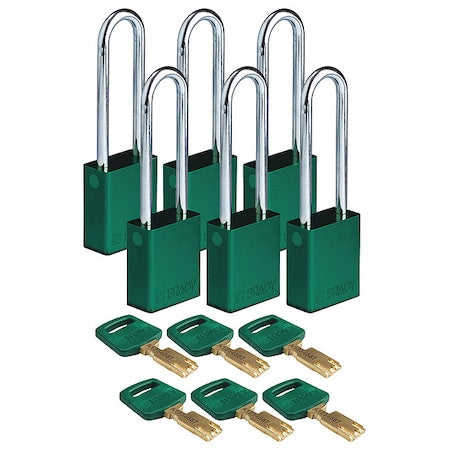 Brady ALU-GRN-76ST-KD6PK - Lockout Padlock, Keyed Different, Aluminum, Green, 3 in Shackle Height, 1 1/2 in Body Width, 6 PK