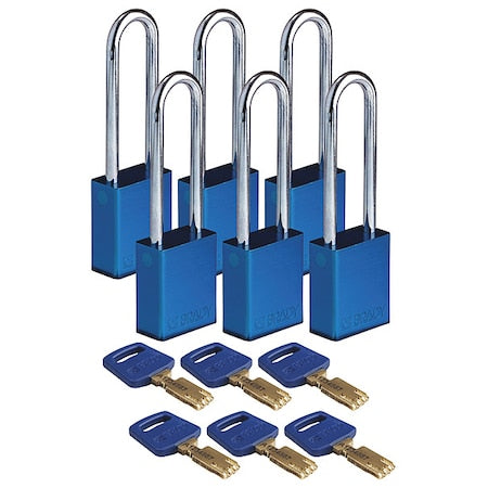 Brady ALU-BLU-76ST-KA6PK - Lockout Padlock, Keyed Alike, Aluminum, Blue, 3 in Shackle Height, 1 1/2 in Body Width, 6 PK