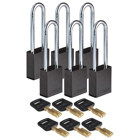 Brady ALU-BLK-76ST-KA6PK - Lockout Padlock, Keyed Alike, Aluminum, Black, 3 in Shackle Height, 1 1/2 in Body Width, 6 PK