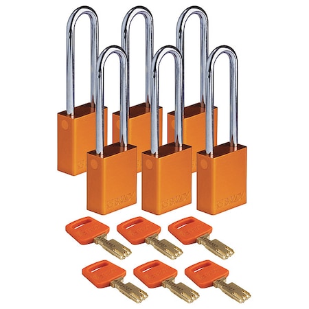 Brady ALU-ORG-76ST-KA6PK - Lockout Padlock, Keyed Alike, Aluminum, Orange, 3 in Shackle Height, 1 1/2 in Body Width, 6 PK