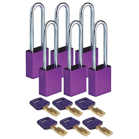 Brady ALU-PRP-76ST-KD6PK - Lockout Padlock, Keyed Different, Aluminum, Purple, 3 in Shackle Height, 1 1/2 in Body Width, 6 PK