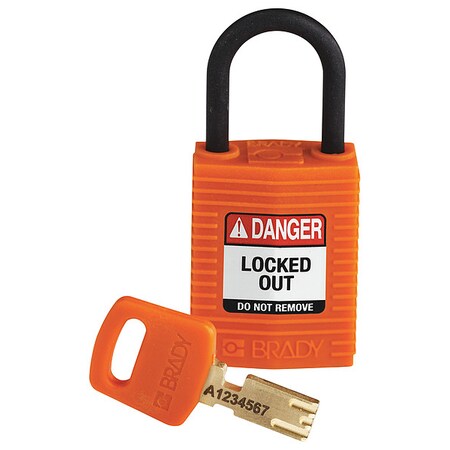 Brady CPT-ORG-25PL-KD - Lockout Padlock, Keyed Different, Nylon, Orange, 1 in Shackle Height, 1 1/4 in Body Width