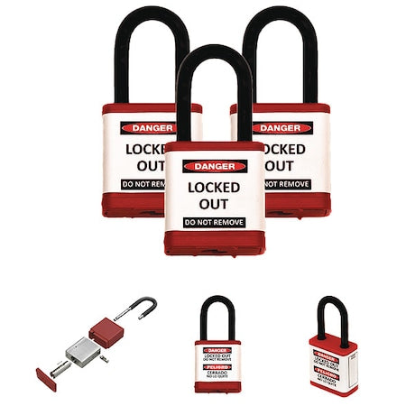 Zing 700KA3-RED - Lockout Padlock, Keyed Alike, Aluminum, Red, 1 1/2 in Shackle Height, 1 1/2 in Body Width, 3 PK