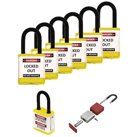 Zing 700KA6-YELLOW - Lockout Padlock, Keyed Alike, Aluminum, Yellow, 1 1/2 in Shackle Height, 1 1/2 in Body Width, 6 PK
