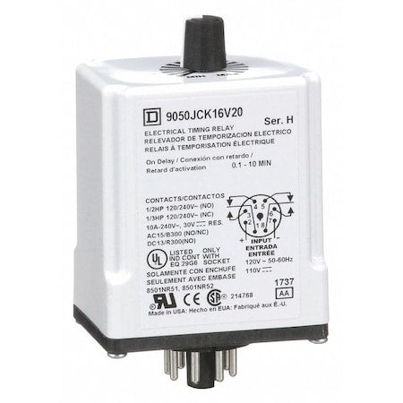 Schneider Electric 9050JCK16V20 - Single Function Time Delay Relay, Octal, On Delay, 1 Functions 120 V DC, DPDT