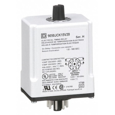 Schneider Electric 9050JCK15V20 - Single Function Time Delay Relay, Octal, On Delay, 1 Functions 110 V AC, DPDT