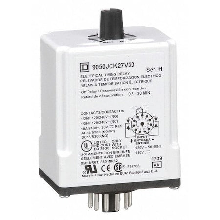 Schneider Electric 9050JCK27V20 - Single Function Time Delay Relay, Octal, Off Delay, 1 Functions 120 V DC, DPDT