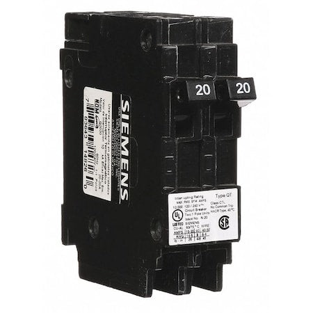 Siemens Q2020 - Miniature Circuit Breaker, Q Series, 20/20 A, 1 Pole, 120/240 V AC, 10k A at 120 V AC