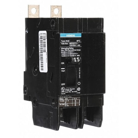 Siemens BQD215 - Miniature Circuit Breaker, BQD Series, 15 A, 2 Pole, 480 V AC, 14k A at 480 V AC