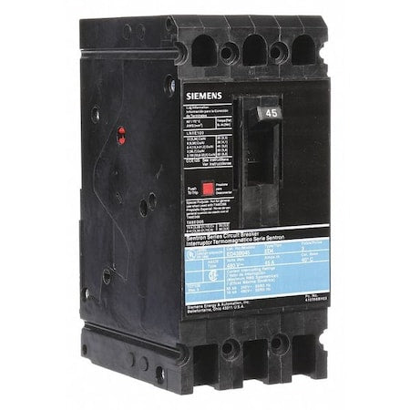 Siemens ED43B045 - Molded Case Circuit Breaker, ED4 Series, 45 A, 3 Pole, 480 V AC, 18k A at 480 V AC
