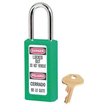Master Lock 411KAS3GRN - Lockout Padlock, Keyed Alike, Thermoplastic, Green, 1 1/2 in Shackle Height, 1 1/2 in Body Width
