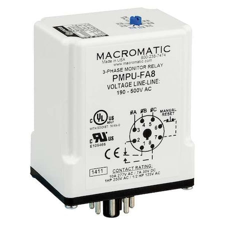Macromatic PMPU-FA8 - Phase Monitor Relay, 8 Pins, 190-500 V AC