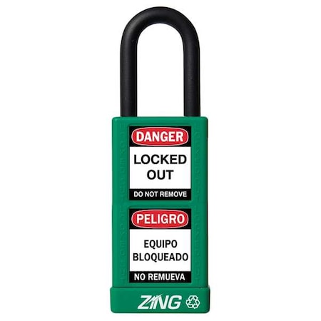 Zing 7074 - Lockout Padlock, Keyed Different, Aluminum, Green, 1 1/2 in Shackle Height, 1 1/2 in Body Width