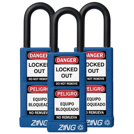 Zing 7088 - Lockout Padlock, Keyed Alike, Aluminum, Blue, 1 1/2 in Shackle Height, 1 1/2 in Body Width, 3 PK