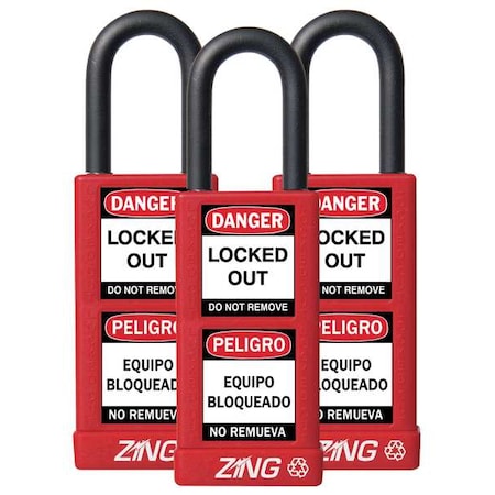 Zing 7086 - Lockout Padlock, Keyed Alike, Aluminum, Red, 1 1/2 in Shackle Height, 1 1/2 in Body Width, 3 PK
