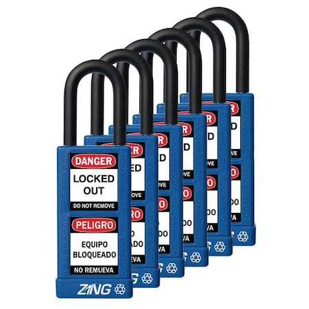 Zing 7089 - Lockout Padlock, Keyed Alike, Aluminum, Blue, 1 1/2 in Shackle Height, 1 1/2 in Body Width, 6 PK