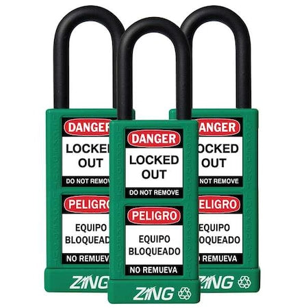 Zing 7090 - Lockout Padlock, Keyed Alike, Aluminum, Green, 1 1/2 in Shackle Height, 1 1/2 in Body Width, 3 PK
