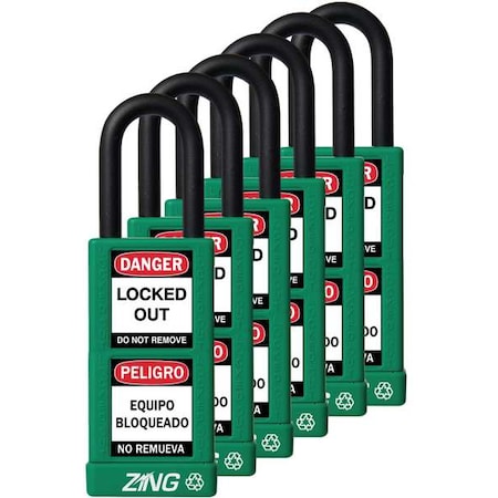 Zing 7091 - Lockout Padlock, Keyed Alike, Aluminum, Green, 1 1/2 in Shackle Height, 1 1/2 in Body Width, 6 PK
