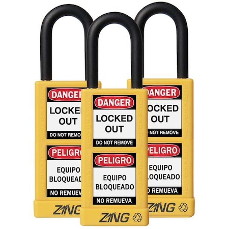 Zing 7092 - Lockout Padlock, Keyed Alike, Aluminum, Yellow, 1 1/2 in Shackle Height, 1 1/2 in Body Width, 3 PK