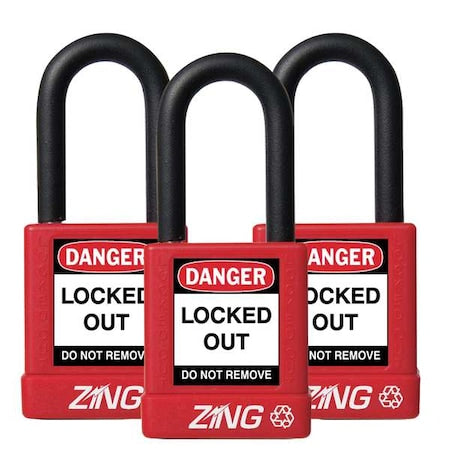Zing 7062 - Lockout Padlock, Keyed Alike, Aluminum, Red, 1 1/2 in Shackle Height, 1 1/2 in Body Width, 3 PK