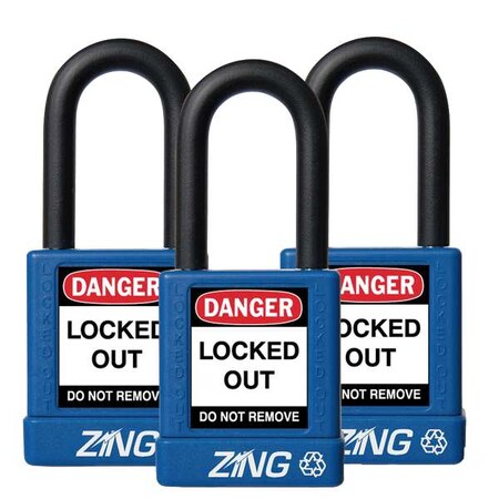 Zing 7064 - Lockout Padlock, Keyed Alike, Aluminum, Blue, 1 1/2 in Shackle Height, 1 1/2 in Body Width, 3 PK