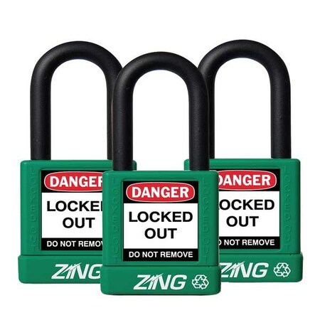 Zing 7066 - Lockout Padlock, Keyed Alike, Aluminum, Green, 1 1/2 in Shackle Height, 1 1/2 in Body Width, 3 PK