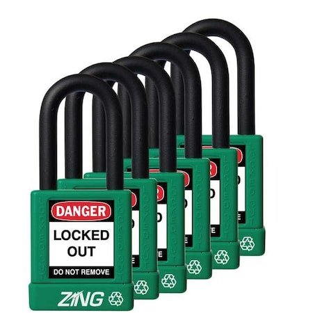 Zing 7067 - Lockout Padlock, Keyed Alike, Aluminum, Green, 1 1/2 in Shackle Height, 1 1/2 in Body Width, 6 PK