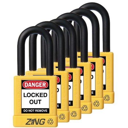 Zing 7069 - Lockout Padlock, Keyed Alike, Aluminum, Yellow, 1 1/2 in Shackle Height, 1 1/2 in Body Width, 6 PK