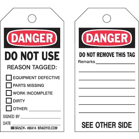 Brady 86414 - Danger Tag, Lockout Tagout, Polyester, 5 3/4 in H x 3 in W, Black, Red, White, Rectangle, 10 PK