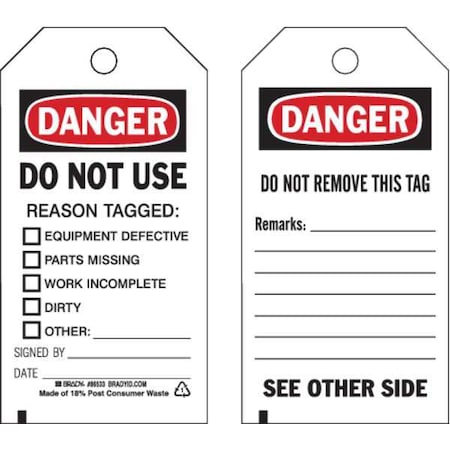Brady 86533 - Danger Tag, Lockout Tagout, Polyester, 5 3/4 in H x 3 in W, Black, Red, White, Rectangle, 10 PK