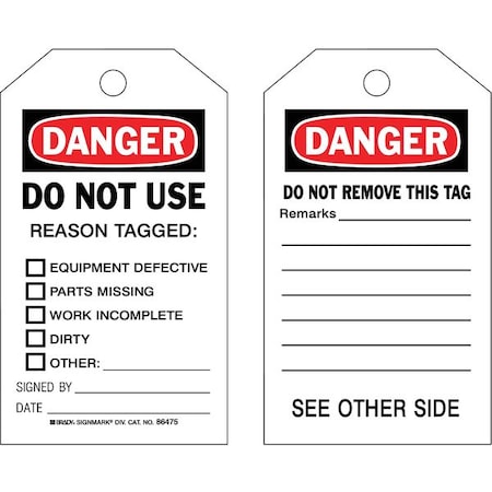 Brady 86475 - Danger Tag, Lockout Tagout, Polyester, 7 in H x 4 in W, Black, Red, White, Rectangle, 10 PK